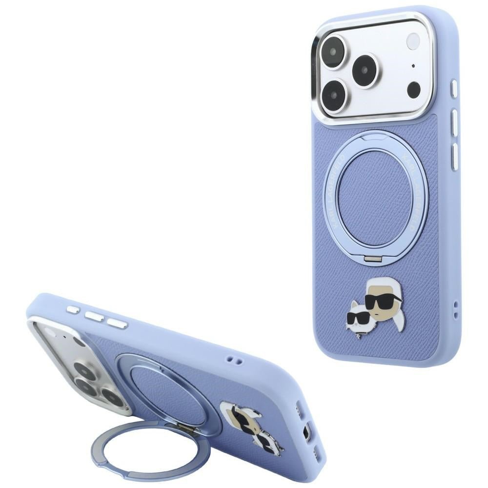Karl Lagerfeld iPhone 18 Pro Max - Σκληρή Θήκη με Πλαίσιο Σιλικόνης και Δαχτυλίδι Συγκράτησης MagSafe - Ring Stand 360 Karl and Choupette Heads Pin - Blue
