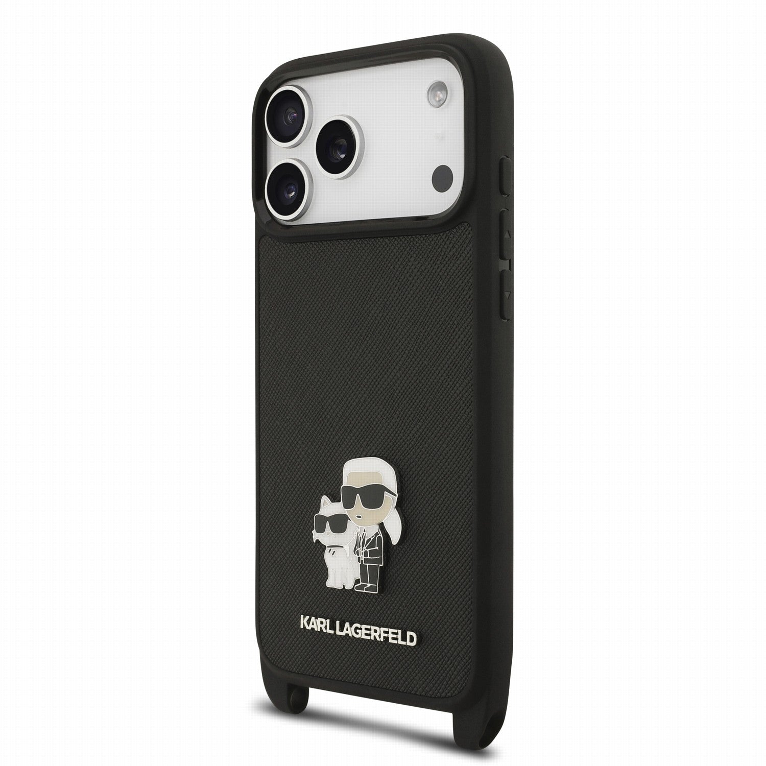 Karl Lagerfeld iPhone 17 Pro / iPhone 18 Pro - Σκληρή Θήκη με Επένδυση Συνθετικού Δέρματος και Πλαίσιο Σιλικόνης - Saffiano Crossbody Strap Metal Karl and Choupette - Black