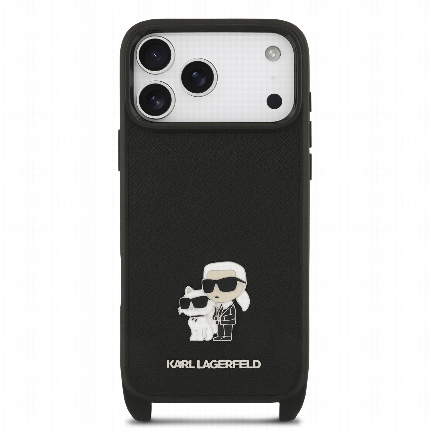 Karl Lagerfeld iPhone 17 Pro / iPhone 18 Pro - Σκληρή Θήκη με Επένδυση Συνθετικού Δέρματος και Πλαίσιο Σιλικόνης - Saffiano Crossbody Strap Metal Karl and Choupette - Black