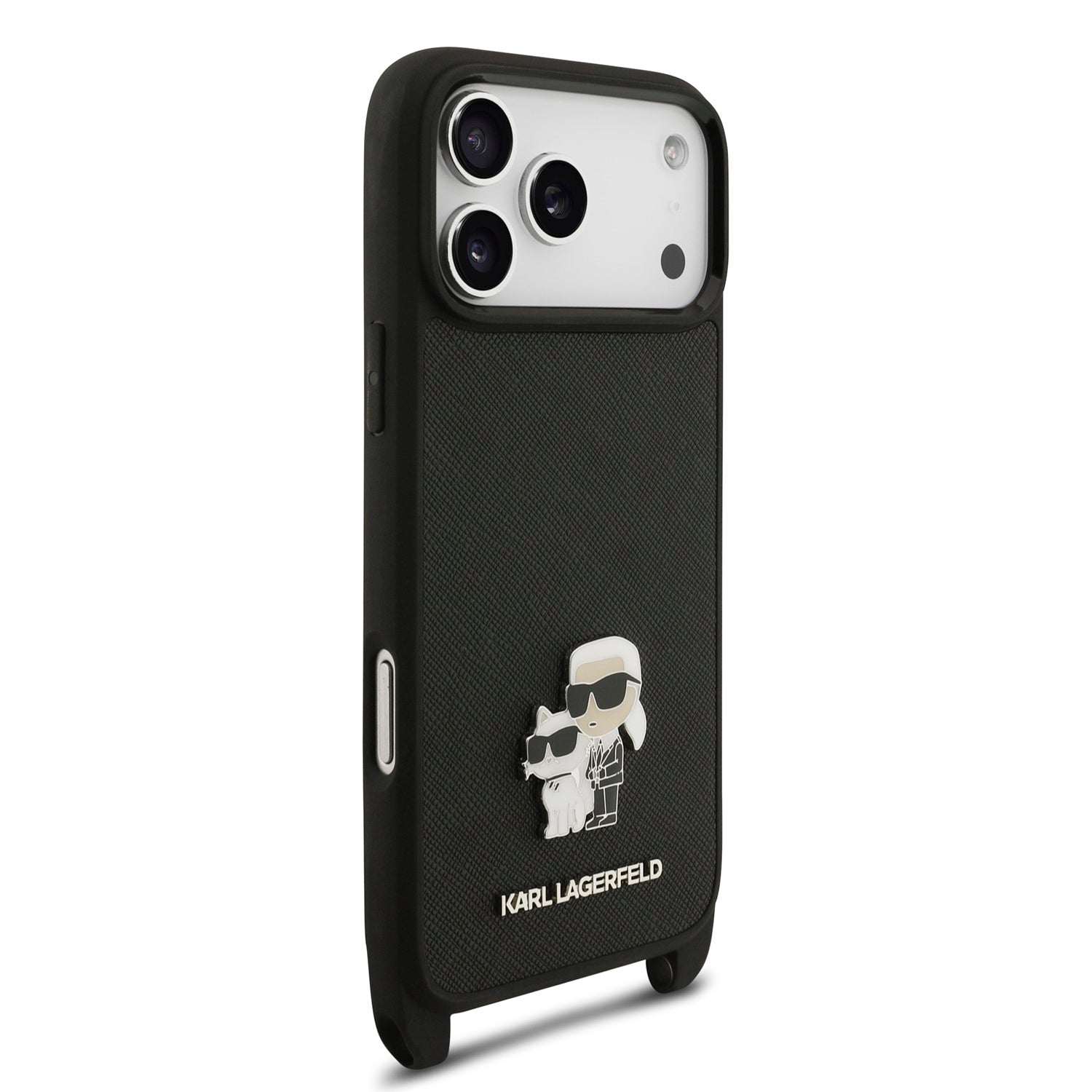 Karl Lagerfeld iPhone 17 Pro / iPhone 18 Pro - Σκληρή Θήκη με Επένδυση Συνθετικού Δέρματος και Πλαίσιο Σιλικόνης - Saffiano Crossbody Strap Metal Karl and Choupette - Black