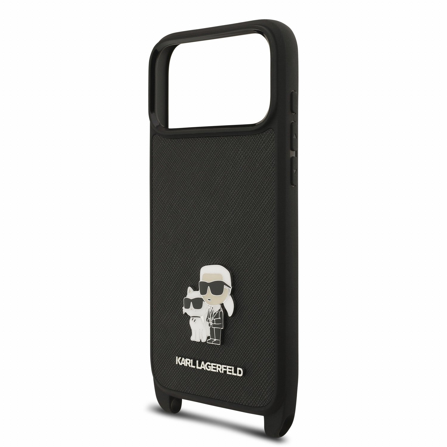 Karl Lagerfeld iPhone 17 Pro / iPhone 18 Pro - Σκληρή Θήκη με Επένδυση Συνθετικού Δέρματος και Πλαίσιο Σιλικόνης - Saffiano Crossbody Strap Metal Karl and Choupette - Black