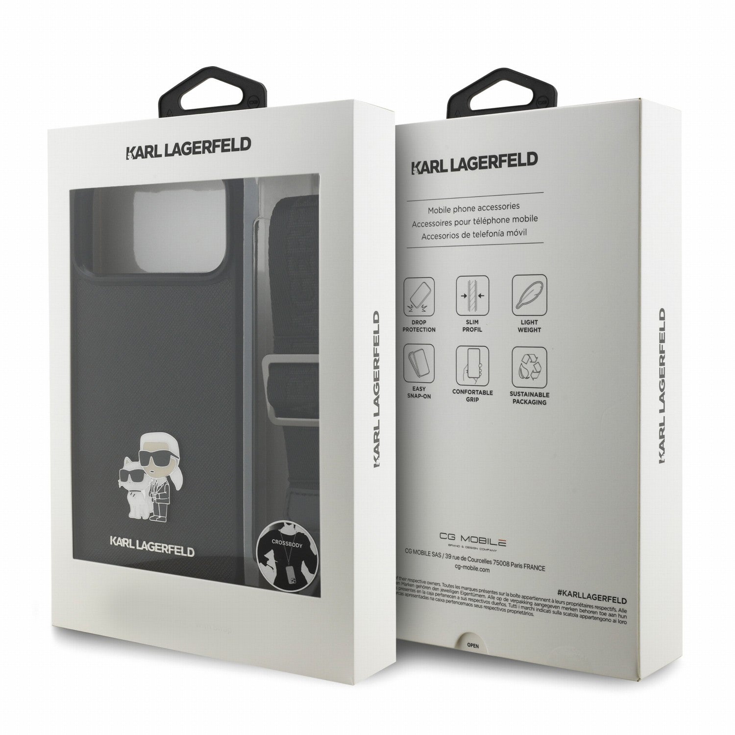 Karl Lagerfeld iPhone 17 Pro / iPhone 18 Pro - Σκληρή Θήκη με Επένδυση Συνθετικού Δέρματος και Πλαίσιο Σιλικόνης - Saffiano Crossbody Strap Metal Karl and Choupette - Black