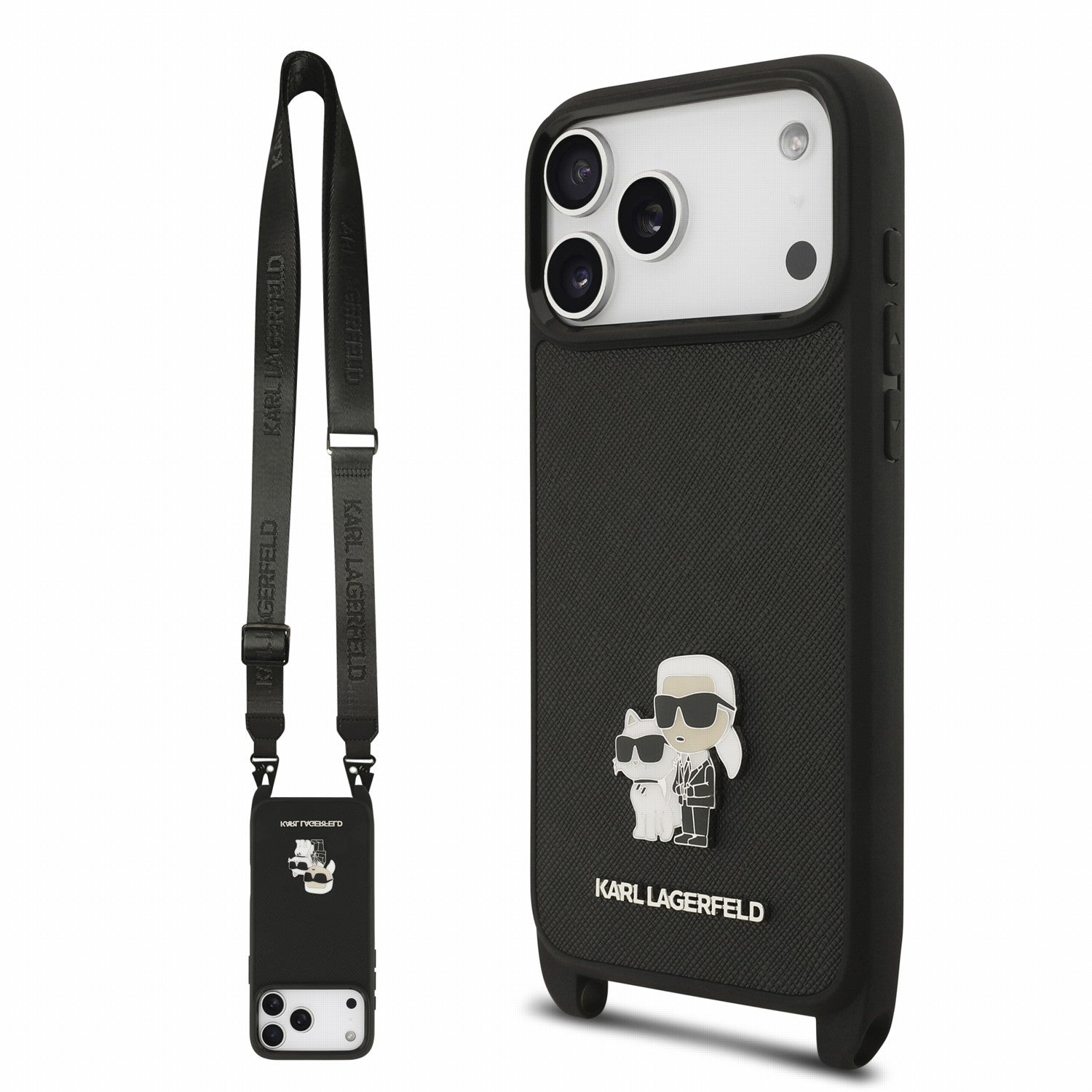 Karl Lagerfeld iPhone 17 Pro / iPhone 18 Pro - Σκληρή Θήκη με Επένδυση Συνθετικού Δέρματος και Πλαίσιο Σιλικόνης - Saffiano Crossbody Strap Metal Karl and Choupette - Black