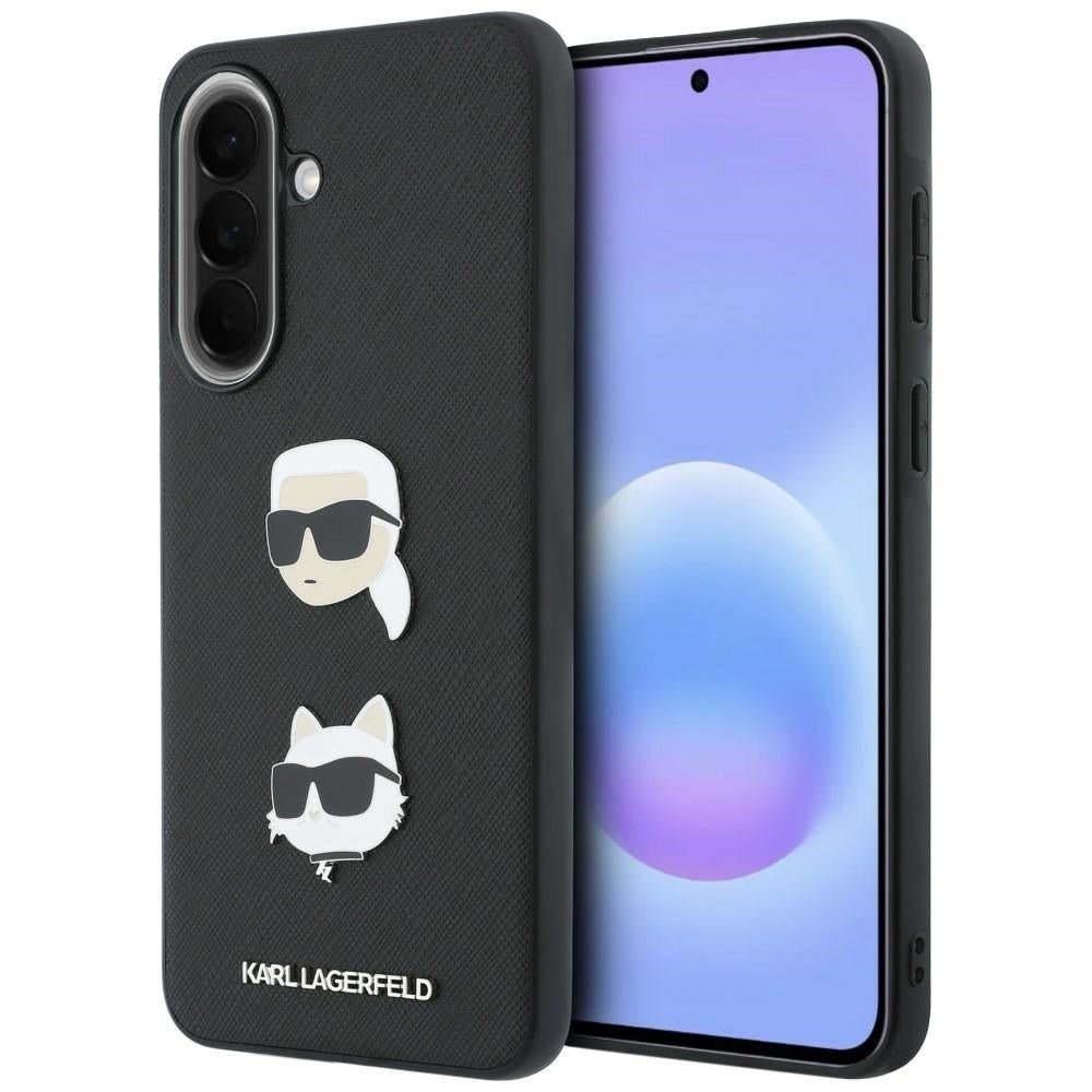 Karl Lagerfeld Samsung Galaxy A37 5G - Σκληρή Θήκη με Επένδυση Συνθετικού Δέρματος και Πλαίσιο Σιλικόνης - Karl and Choupette Heads Pins and Logo - Black