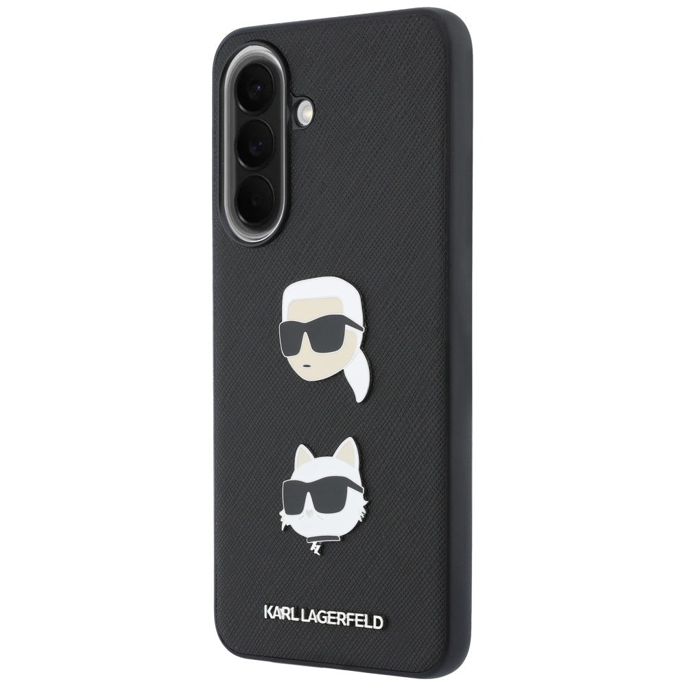 Karl Lagerfeld Samsung Galaxy A37 5G - Σκληρή Θήκη με Επένδυση Συνθετικού Δέρματος και Πλαίσιο Σιλικόνης - Karl and Choupette Heads Pins and Logo - Black