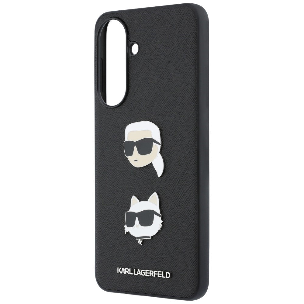 Karl Lagerfeld Samsung Galaxy A57 5G - Σκληρή Θήκη με Επένδυση Συνθετικού Δέρματος και Πλαίσιο Σιλικόνης - Karl and Choupette Heads Pins and Logo - Black