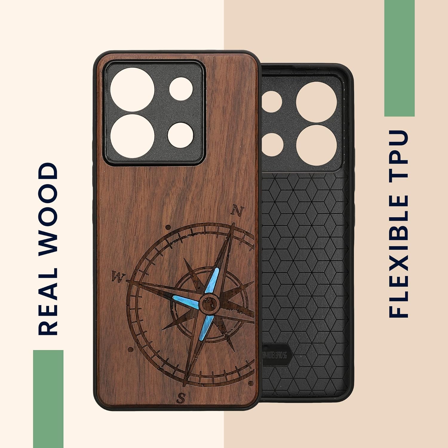 KW Xiaomi Redmi Note 13 Pro 5G / Poco X6 5G Θήκη από Φυσικό Ξύλο - Design Vintage Compass - Dark Brown / Mother of Pearl