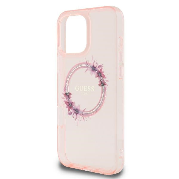 Guess iPhone 16 Pro - IML Flowers Wreath - MagSafe Σκληρή Θήκη με Πλαίσιο Σιλικόνης - Pink - GUHMP16LHFWFCP