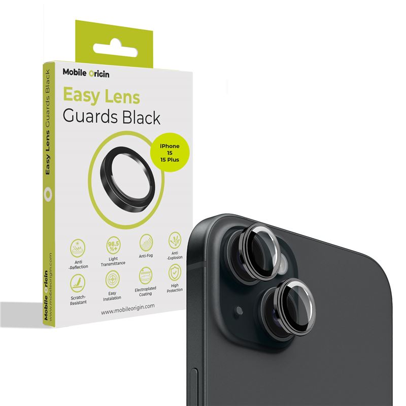Mobile Origin Easy Lens Guards iPhone 15 / iPhone 15 Plus - Προστασία Κάμερας - Αντιχαρακτικό Γυαλί - Black