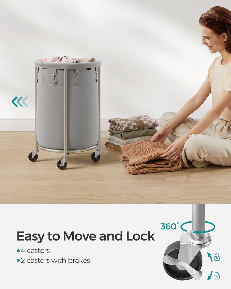 Songmics Τροχήλατο Καλάθι Απλύτων με Ατσάλινο Σκελετό και Αποσπώμενη Θήκη Ρούχων - 70L - Grey / Silver - RLS006G01
