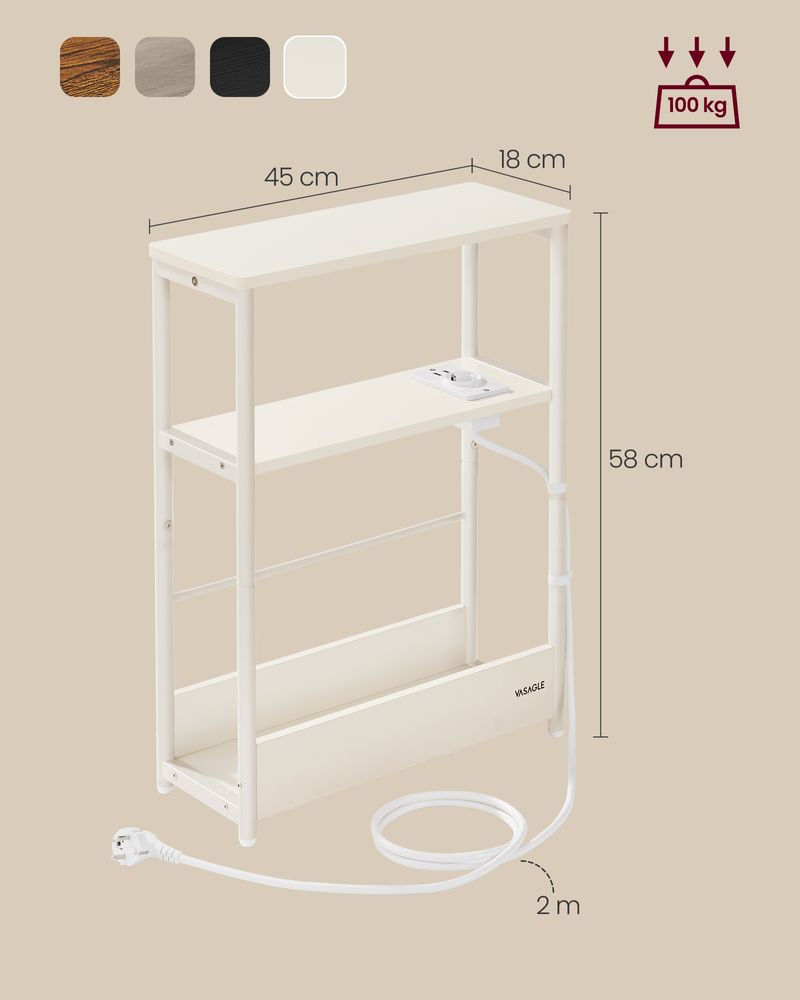 Vasagle Στενό Βοηθητικό Τραπεζάκι με Ενσωματωμένο Πολύπριζο με 1 Θύρα AC και 2 Θύρες USB - Cream White - LET335W02