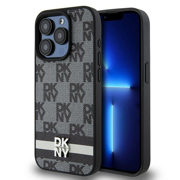 DKNY iPhone 15 Pro Max - Leather Checkered Mono Pattern and Printed Stripes - Σκληρή Θήκη με Επένδυση Συνθετικού Δέρματος - Black