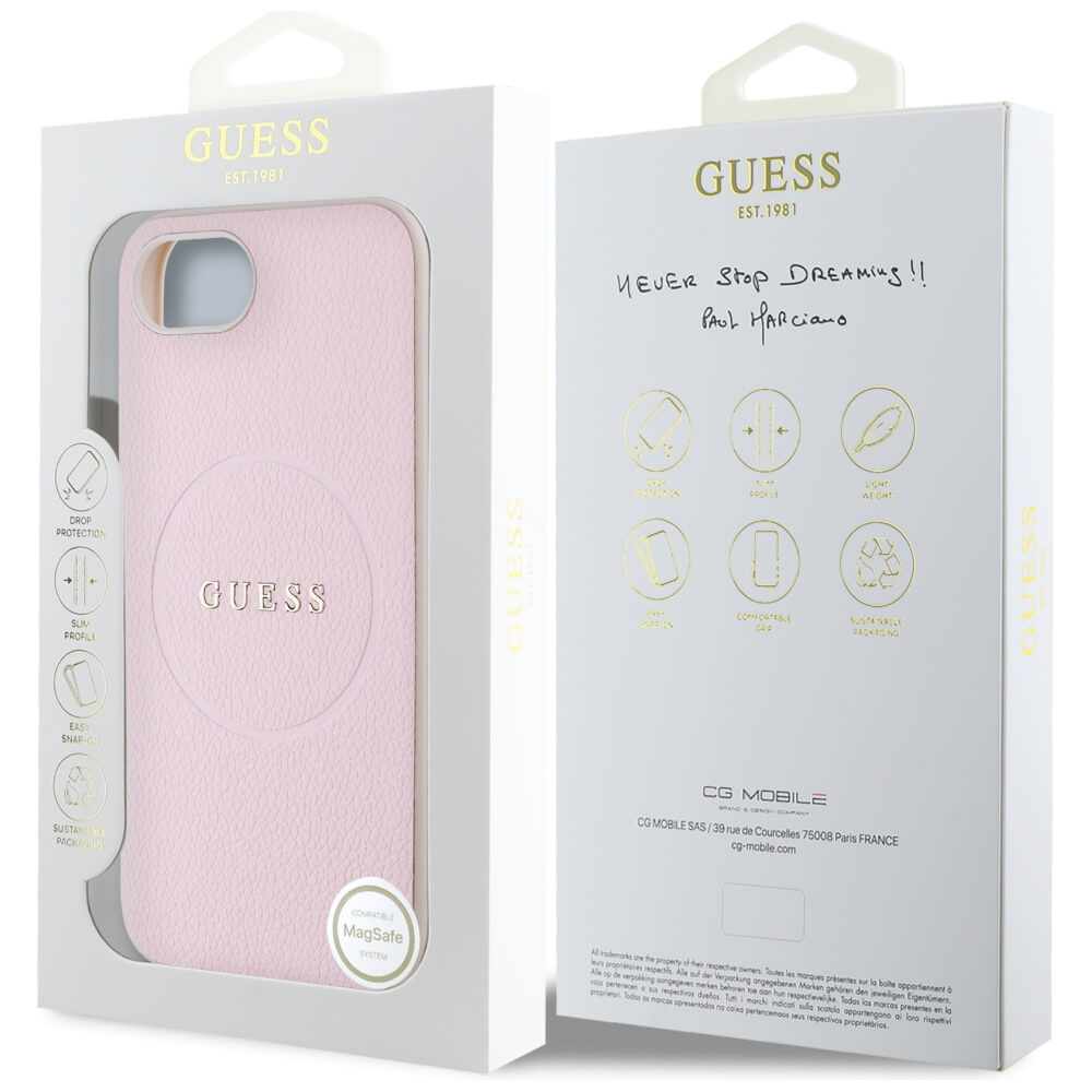 Guess iPhone 16e - Grained Ring MagSafe - Σκληρή Θήκη από Οικολογικό Δέρμα - Pink - GUHMPSE4PGHSMMP