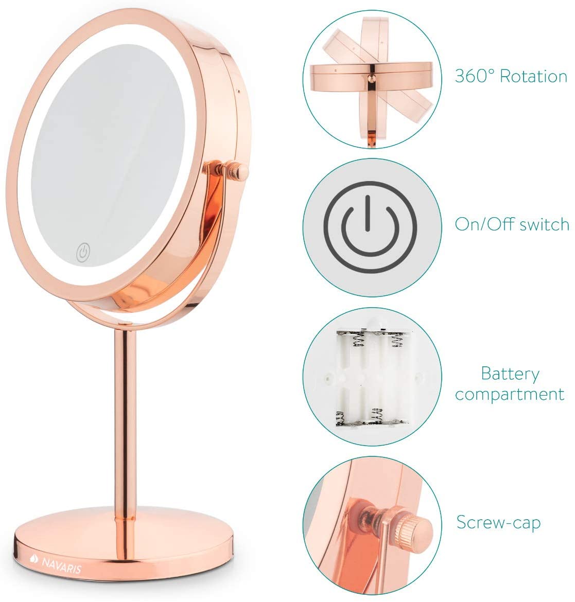 Navaris Περιστρεφόμενος Φωτιζόμενος Καθρέπτης LED με Διακόπτη Αφής - Copper - 48930.27
