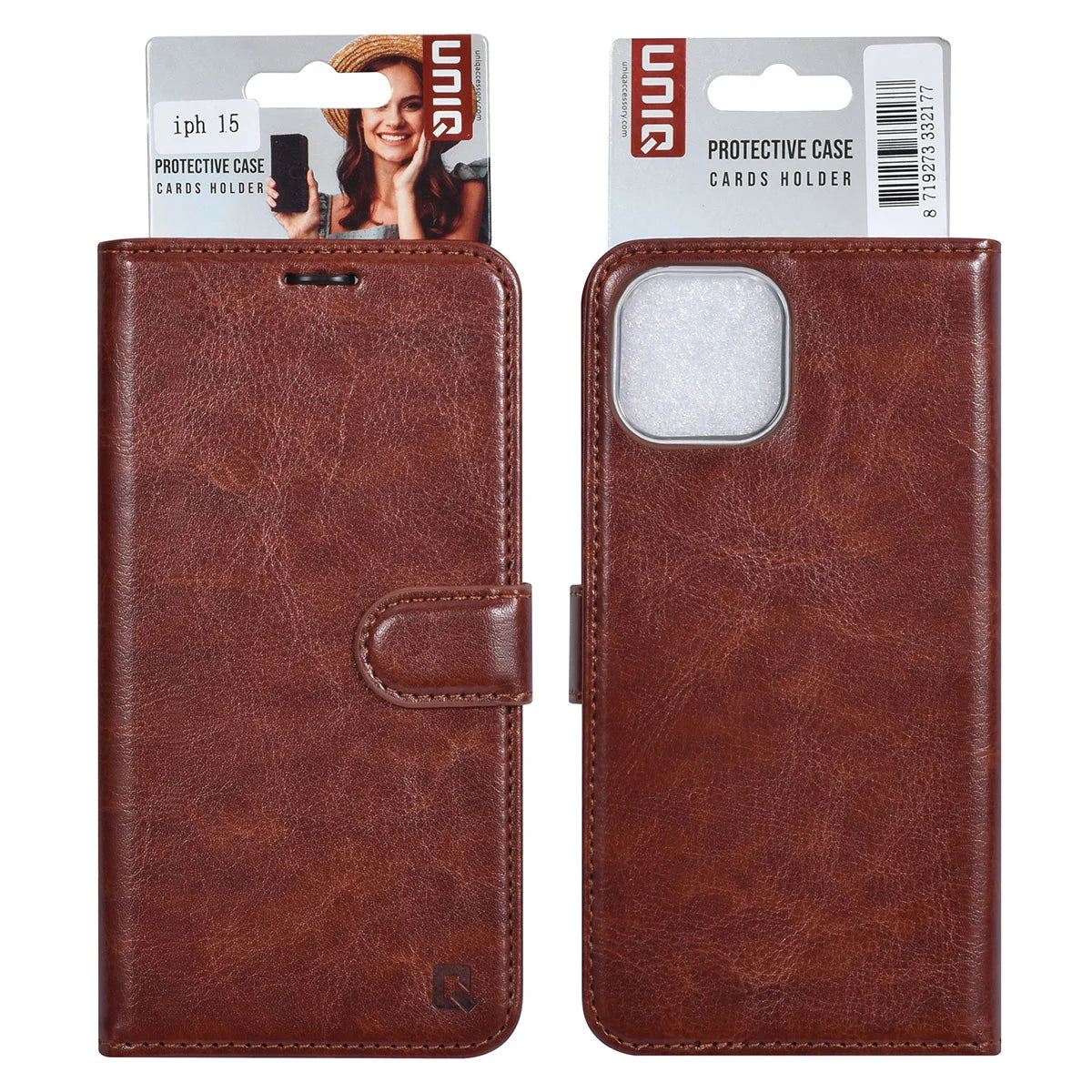 Tuniq iPhone 15 - Θήκη Πορτοφόλι Stand από Δερματίνη - Καφέ