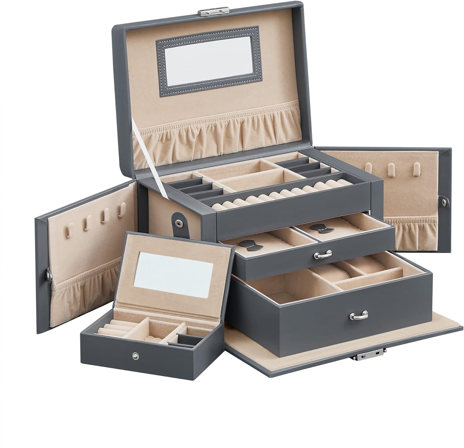 Songmics Φορητό Κουτί Αποθήκευσης Κοσμημάτων 3 Επιπέδων με Καθρέπτη και Κλειδαριά - Grey - JBC121G01