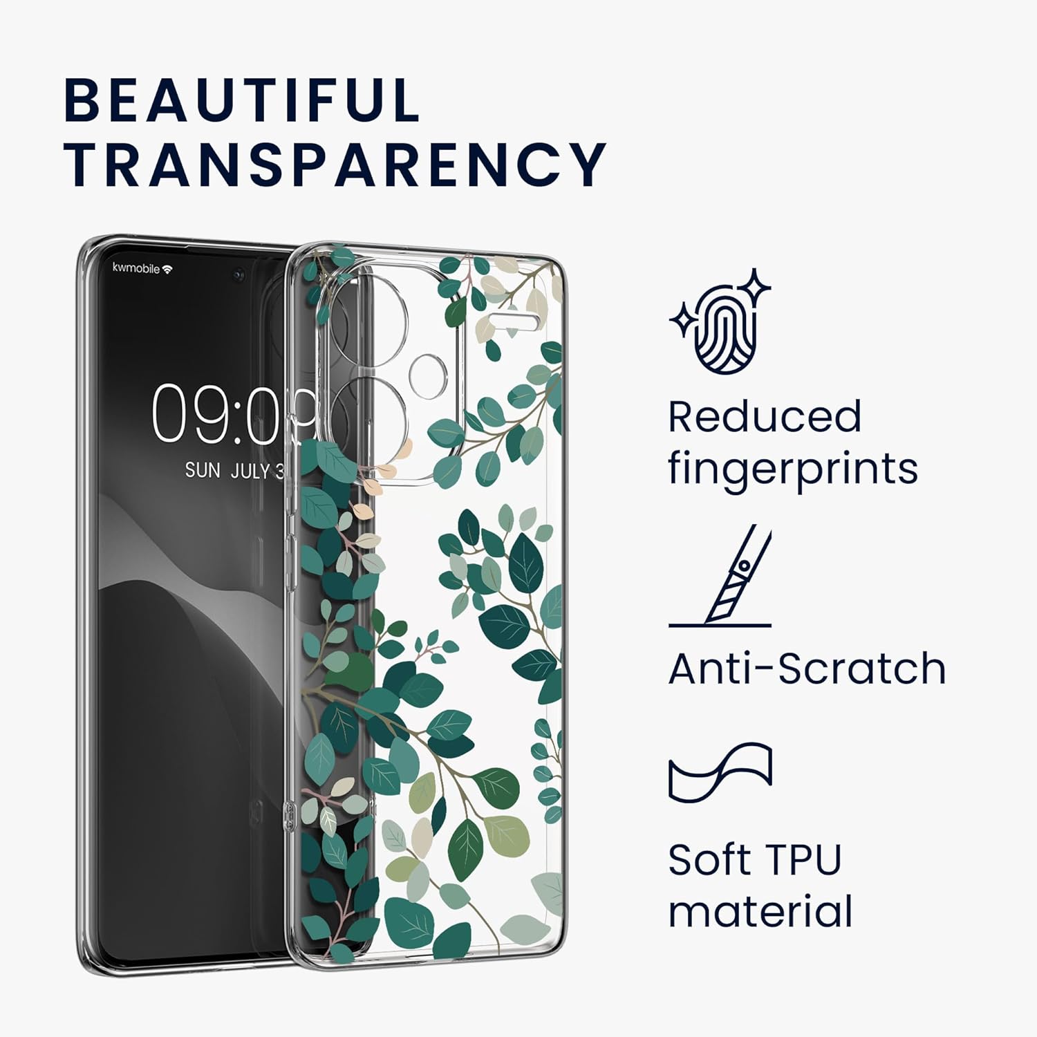 KW Xiaomi Redmi Note 13 Pro+ 5G Θήκη Σιλικόνης TPU με Αντιχαρακτικό Γυαλί - Design Spring Leaves - Green / Διάφανη