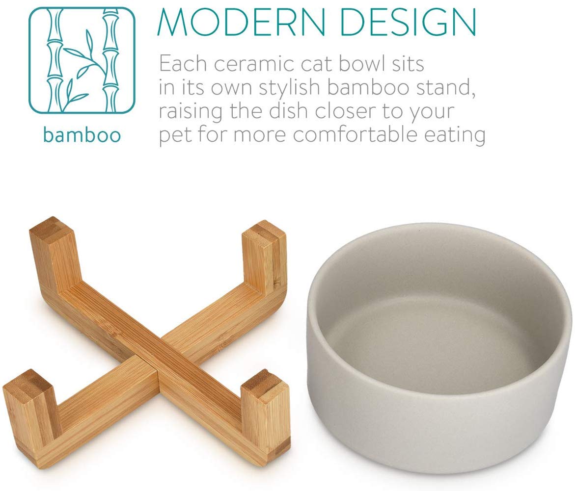 Navaris Cat Bowls with Wood Stands - Σετ με 2 Μπολ Φαγητού και Νερού με Βάση από Μπαμπού για Κατοικίδια - Grey / Brown - 48350.22
