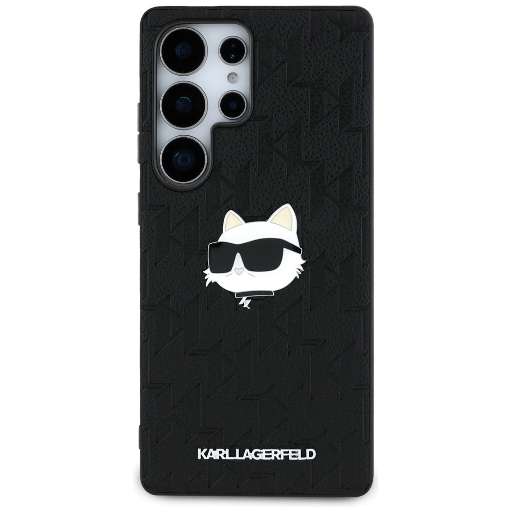 Karl Lagerfeld Samsung Galaxy S25 Ultra - Monogram Choupette Head Pin - Σκληρή Θήκη με Επένδυση Συνθετικού Δέρματος - Black - KLHCS25LPGKLCHPK