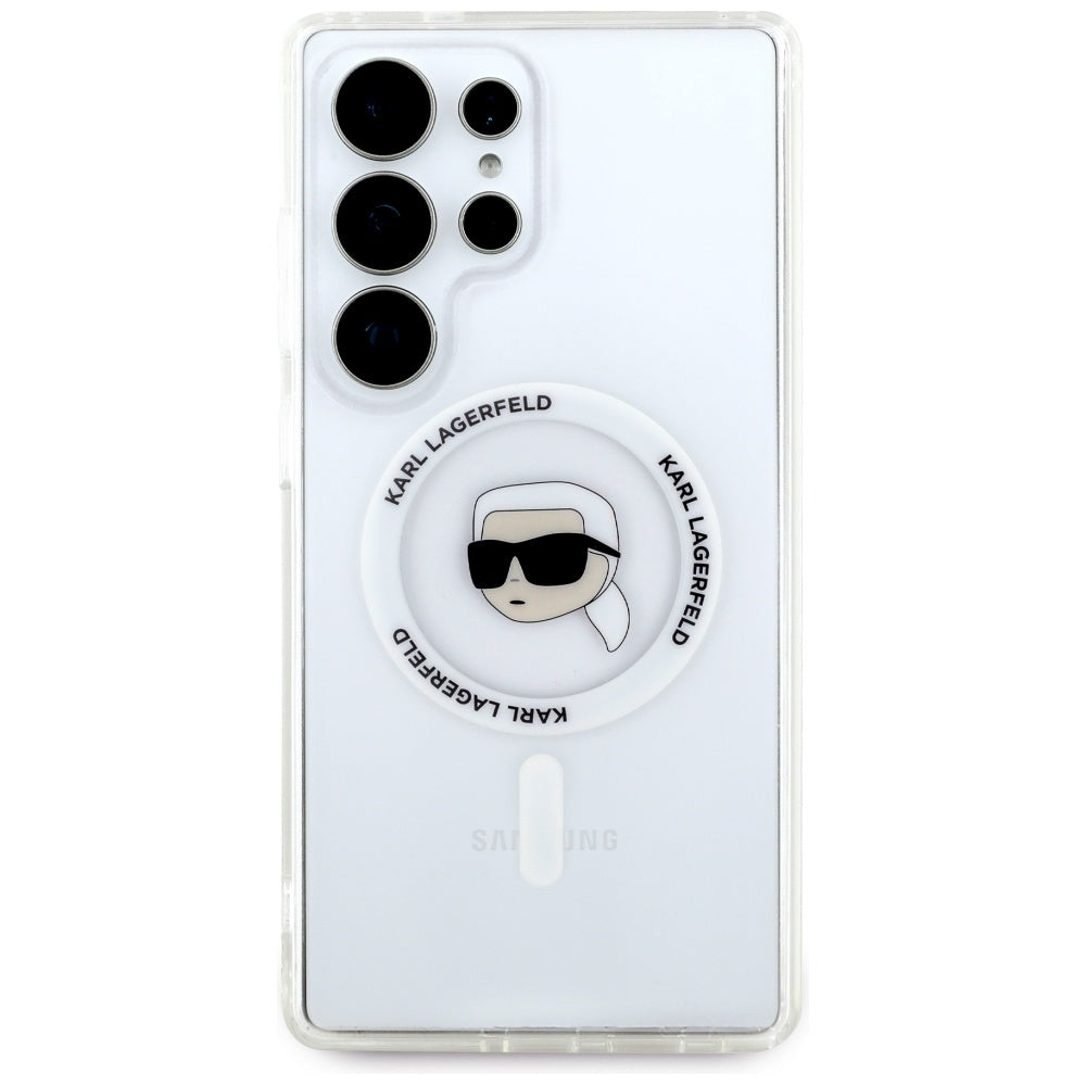 Karl Lagerfeld Samsung Galaxy S25 Ultra - Button Karl Head Printed Logo - MagSafe Σκληρή Θήκη με Πλαίσιο Σιλικόνης - White - KLHMS25LHLSKIH