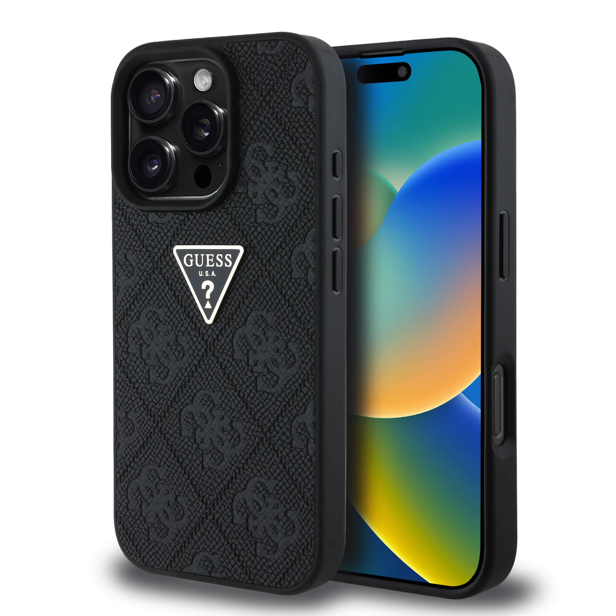 Guess iPhone 16 Pro Max - Hot Stamp 4G Pattern Triangle Metal Logo - Σκληρή Θήκη με Επένδυση Συνθετικού Δέρματος και Πλαίσιο Σιλικόνης - Black - GUHCP16XPGP4STRK