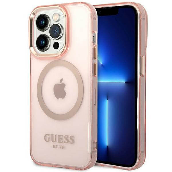 Guess iPhone 14 Pro Max Gold Outline Translucent MagSafe Σκληρή Θήκη με Πλαίσιο Σιλικόνης και MagSafe - Pink - GUHMP14XHTCMP