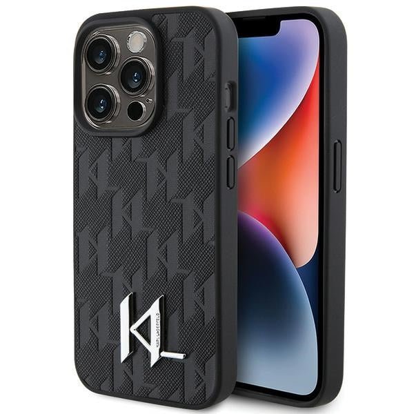 Karl Lagerfeld iPhone 15 Pro Max - Leather Monogram Hot Stamp Metal Logo Σκληρή Θήκη με Επένδυση Συνθετικού Δέρματος και Πλαίσιο Σιλικόνης - Black - KLHCP15XPKLPKLK