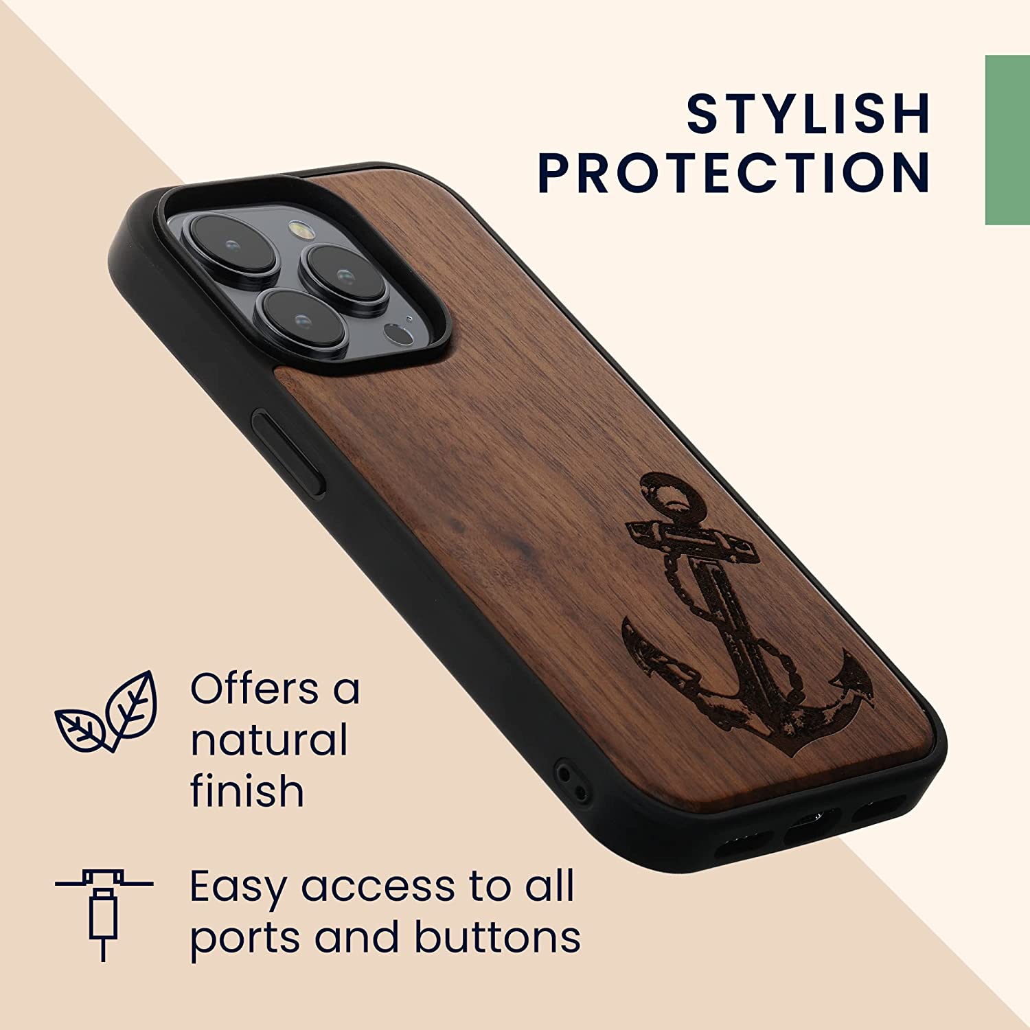 KW iPhone 14 Pro Θήκη από Φυσικό Ξύλο - Design Vintage Anchor - Dark Brown - 59126.04