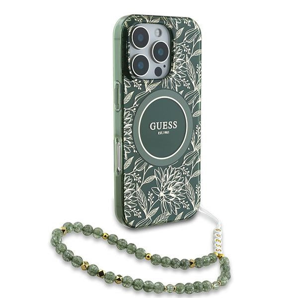 Guess iPhone 16 Pro - IML Flowers Allover Electro With Pearl Strap MagSafe - Σκληρή Θήκη με Πλαίσιο Σιλικόνης και Λουράκι - White / Green - GUHMP16LHCPOFPA
