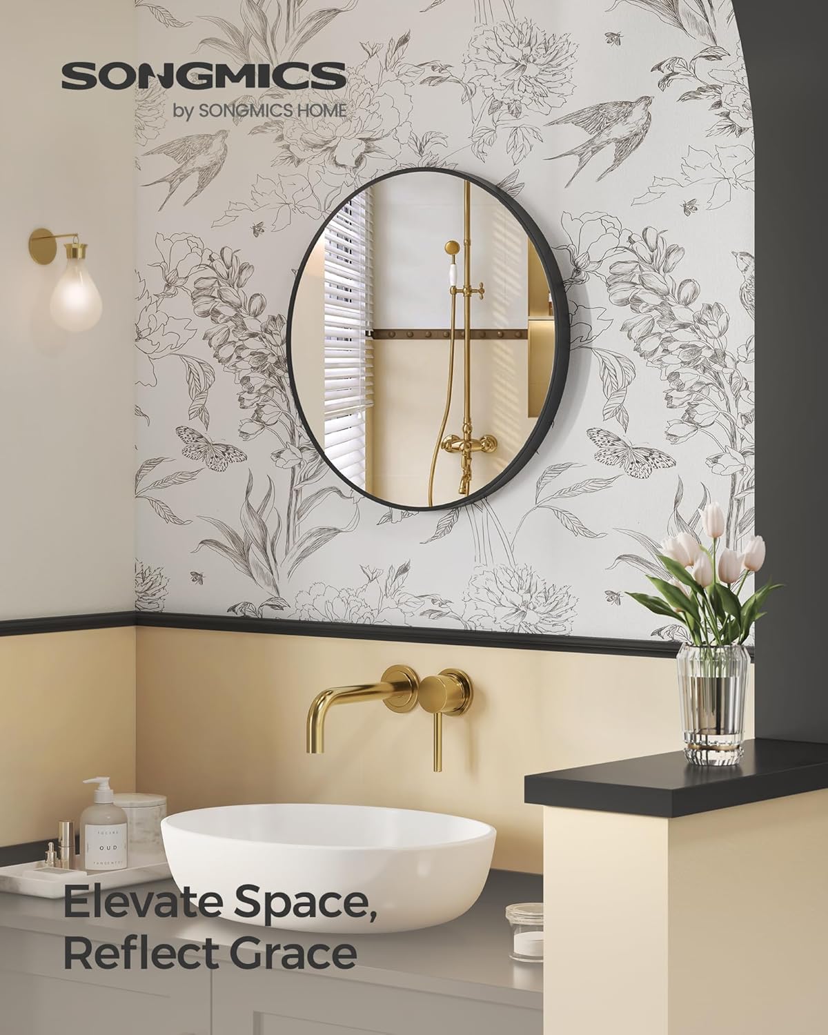 Songmics Στρογγυλός Καθρέφτης Τοίχου με Μεταλλικό Πλαίσιο - 61 cm - Black - LWM102B01