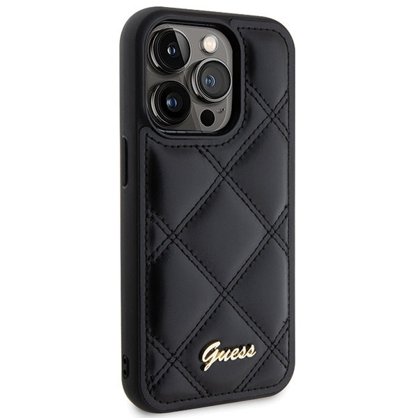 Guess iPhone 15 Pro Max - Quilted Metal Logo Θήκη με Επένδυση Συνθετικού Δέρματος - Black - GUHCP15XPSQSQSK
