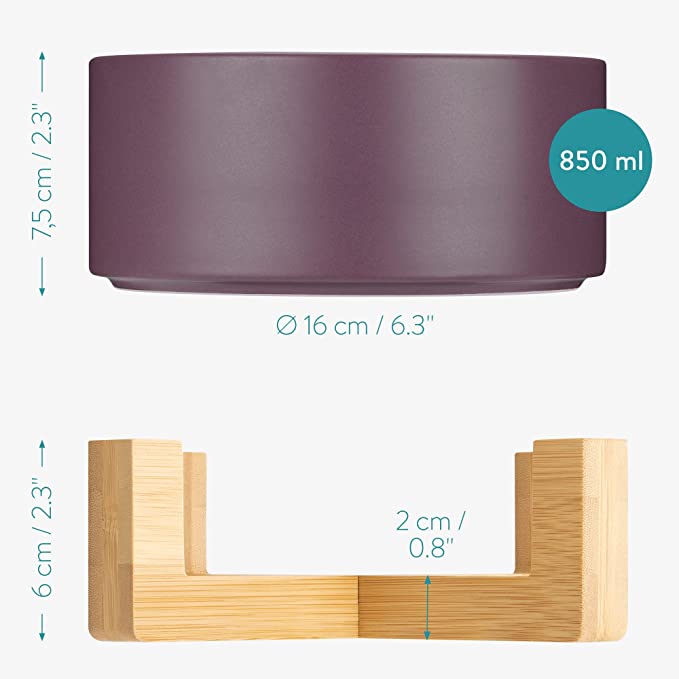 Navaris Cat Bowls with Wood Stands - Σετ με 2 Μπολ Φαγητού και Νερού με Βάση από Μπαμπού για Κατοικίδια - 850ml - Matte Purple / Brown - 48350.55