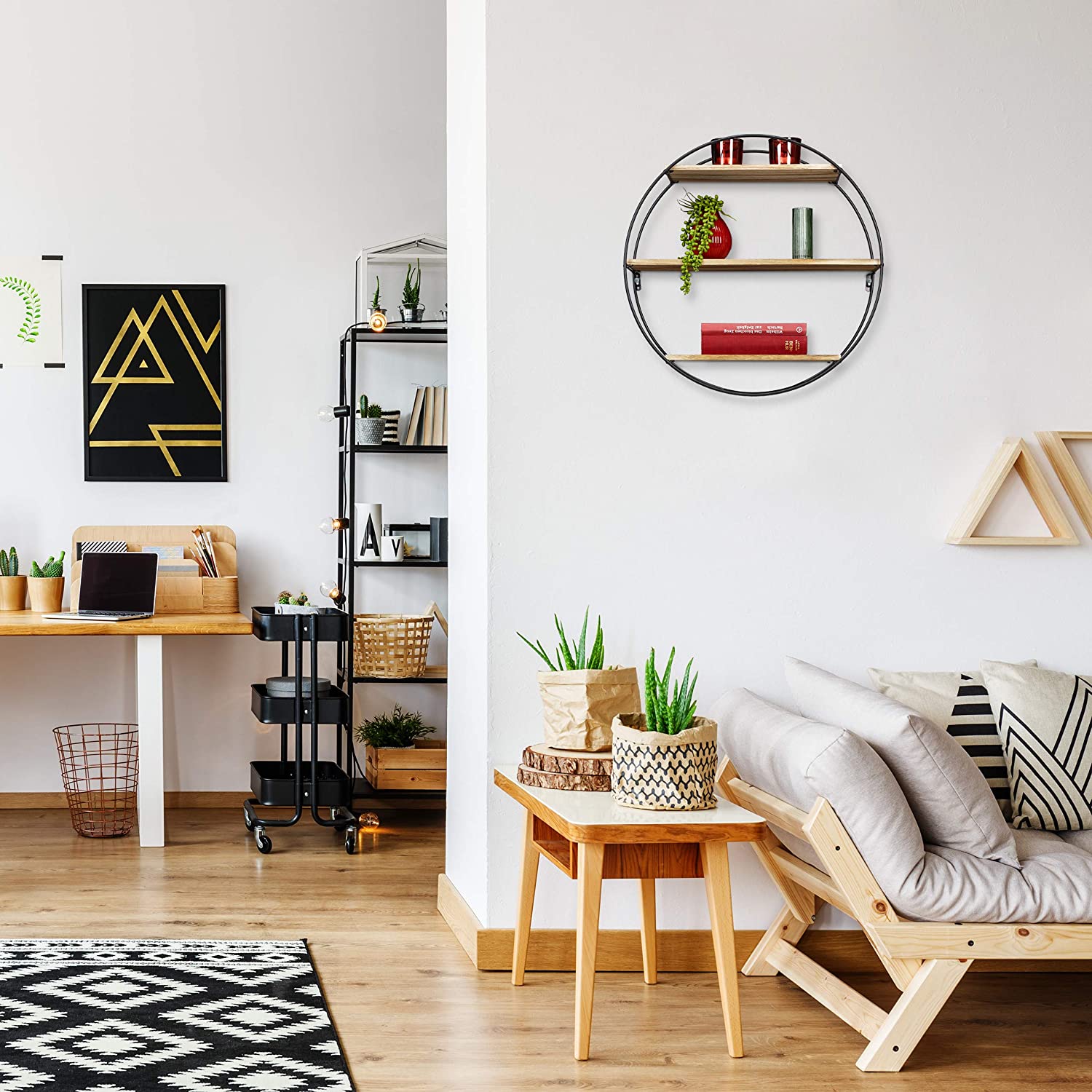 Relaxdays Στρόγγυλο Διακοσμητικό Ράφι Τοίχου με 3 Διαμερίσματα - 50 x 18,5 cm - Natural / Black - 4052025289270