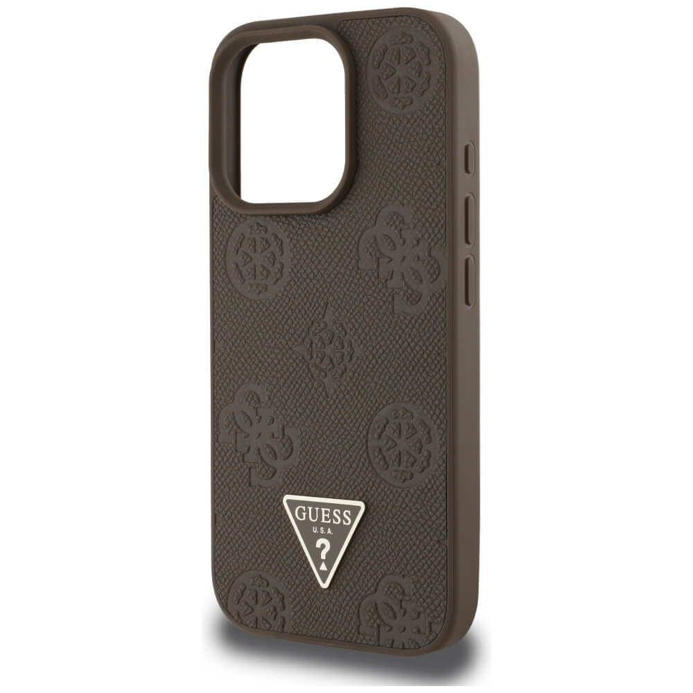 Guess iPhone 16 Pro Max - Grained Hot Stamp Peony Triangle Logo - MagSafe Σκληρή Θήκη με Επένδυση Συνθετικού Δέρματος - Brown - GUHMP16XPGBTMW