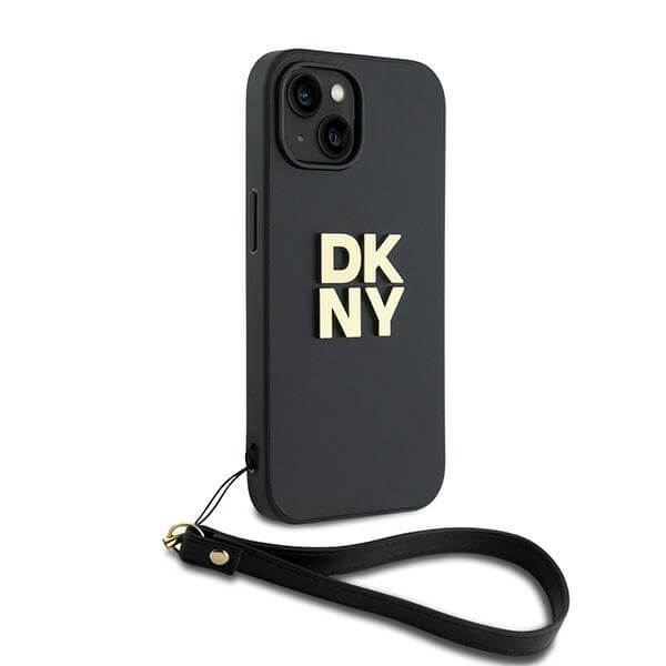 DKNY iPhone 15 Plus - Wrist Strap Stock Logo - Σκληρή Θήκη με Επένδυση Συνθετικού Δέρματος με Λουράκι - Black