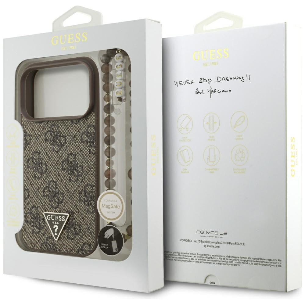 Guess iPhone 17 Pro - 4G Strap Triangle Logo MagSafe - Σκληρή Θήκη με Επένδυση Συνθετικού Δέρματος και Λουράκι - Brown - GUHMP17LP4TSDPPSW