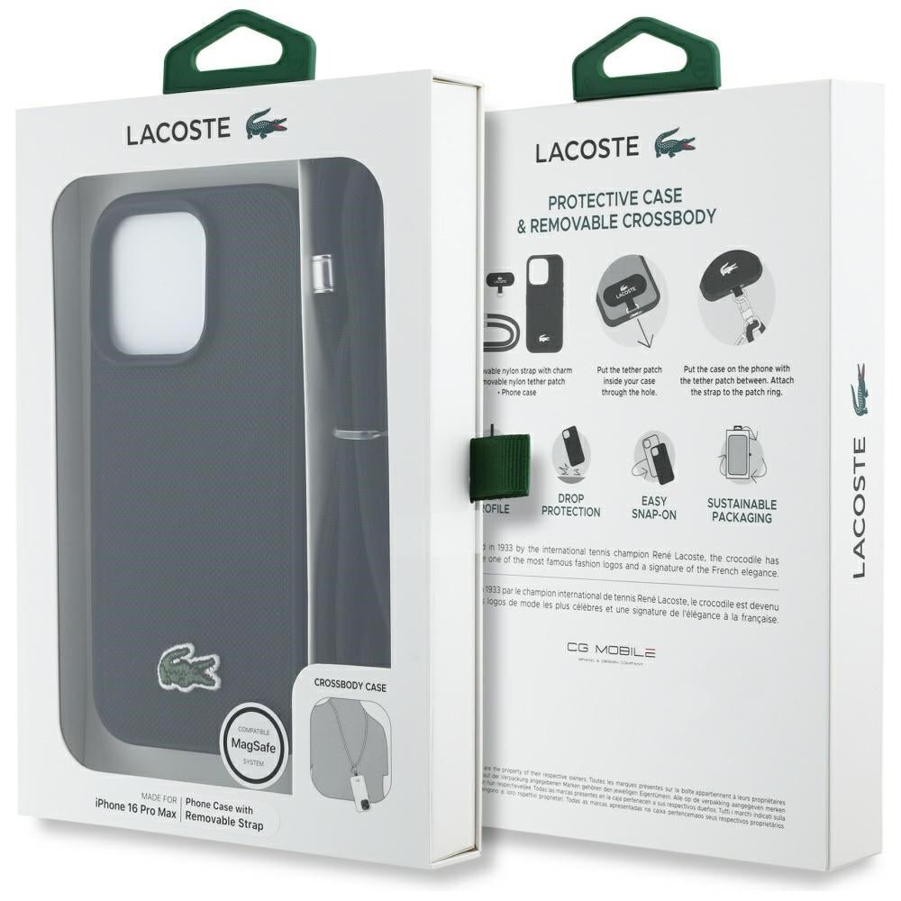 Lacoste iPhone 16 Pro Max - Σκληρή Θήκη με Πλαίσιο Σιλικόνης και Λουράκι - Iconic Petit Pique Crossbody Cord MagSafe - Black