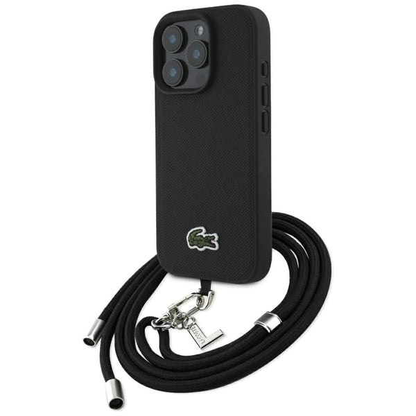 Lacoste iPhone 16 Pro Max - Σκληρή Θήκη με Πλαίσιο Σιλικόνης και Λουράκι - Iconic Petit Pique Crossbody Cord MagSafe - Black