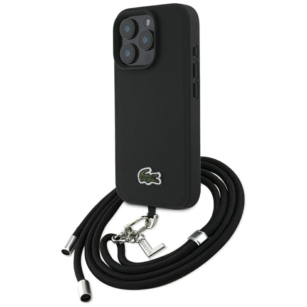Lacoste iPhone 16 Pro - Σκληρή Θήκη με Πλαίσιο Σιλικόνης και Λουράκι - Iconic Petit Pique Crossbody Cord MagSafe - Black