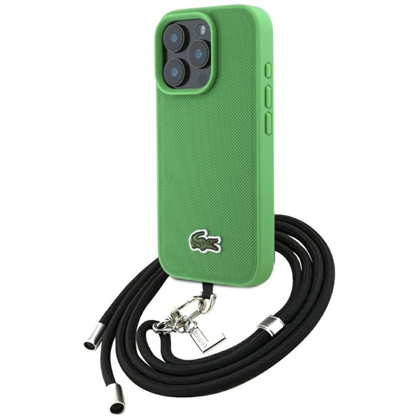 Lacoste iPhone 16 Pro - Σκληρή Θήκη με Πλαίσιο Σιλικόνης και Λουράκι - Iconic Petit Pique Crossbody Cord MagSafe - Green