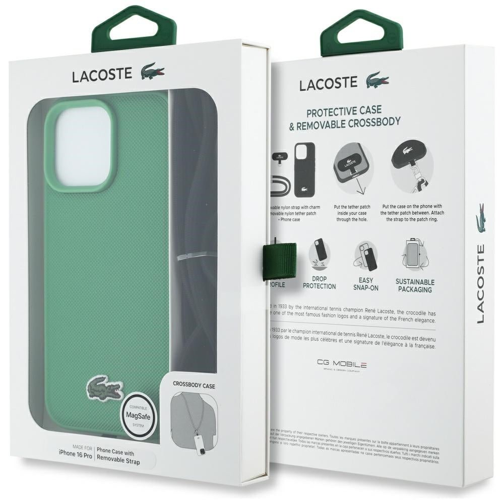 Lacoste iPhone 16 Pro - Σκληρή Θήκη με Πλαίσιο Σιλικόνης και Λουράκι - Iconic Petit Pique Crossbody Cord MagSafe - Green