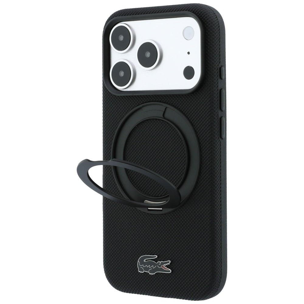 Lacoste iPhone 18 Pro / iPhone 17 Pro - Σκληρή Θήκη με Πλαίσιο Σιλικόνης και Δαχτυλίδι Συγκράτησης MagSafe - Petit Pique with Ring Stand - Black