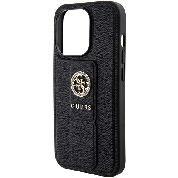 Guess iPhone 15 Pro Grip Stand 4G Saffiano Strass Logo Θήκη με Επένδυση Συνθετικού Δέρματος και Stand - Black - GUHCP15LPGSSADK