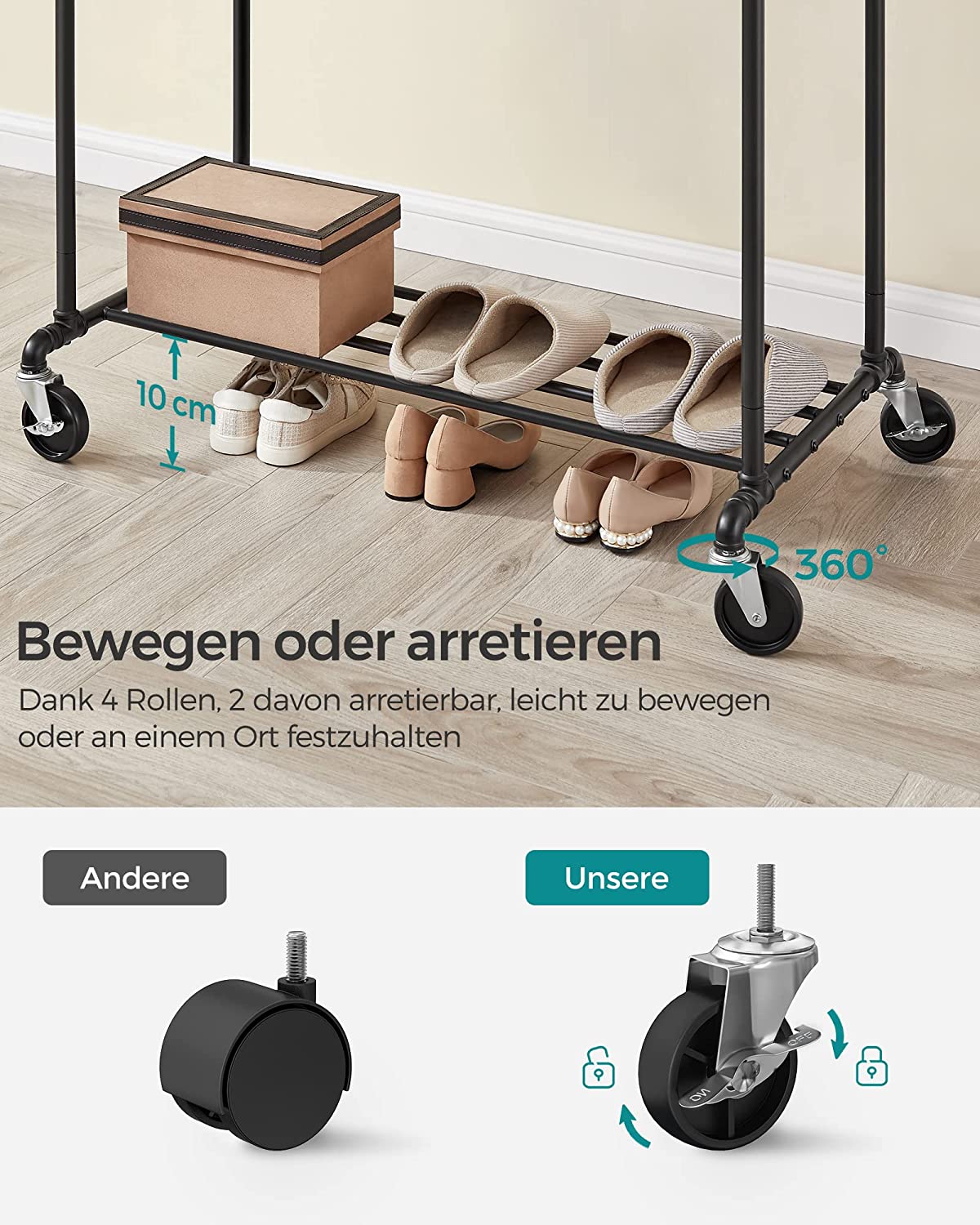 Songmics Τροχήλατη Μεταλλική Κρεμάστρα - Ράγα Ρούχων με Ράφι - Black - HSR60B