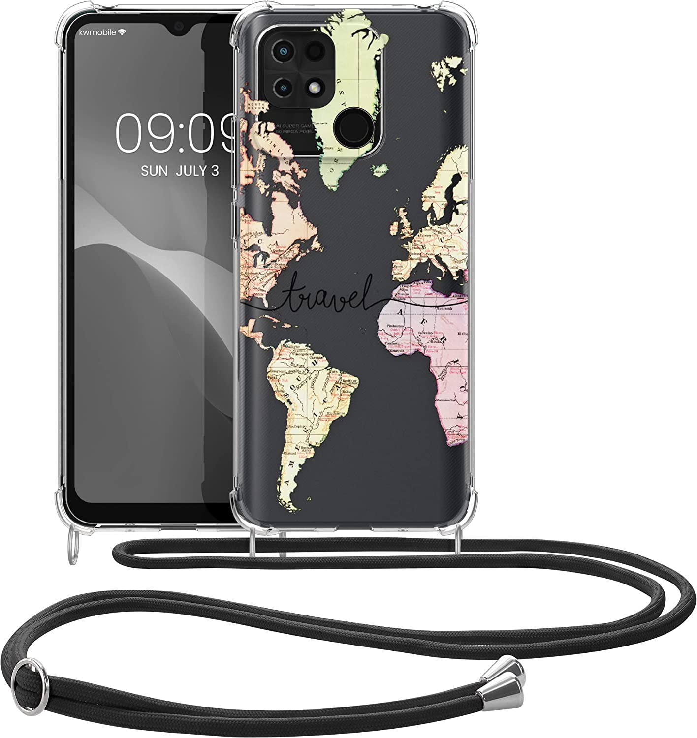 KW Xiaomi Redmi 10C Θήκη Σιλικόνης TPU με Λουράκι Design Travel - Black / Multicolor - Διάφανη - 59701.01