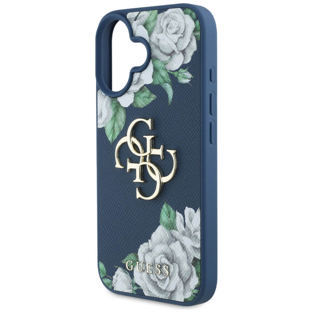 Guess iPhone 16 - Grained Roses Big 4G Logo - Σκληρή Θήκη με Επένδυση από Οικολογικό Δέρμα - Blue - GUHCP16SPGROP4MB