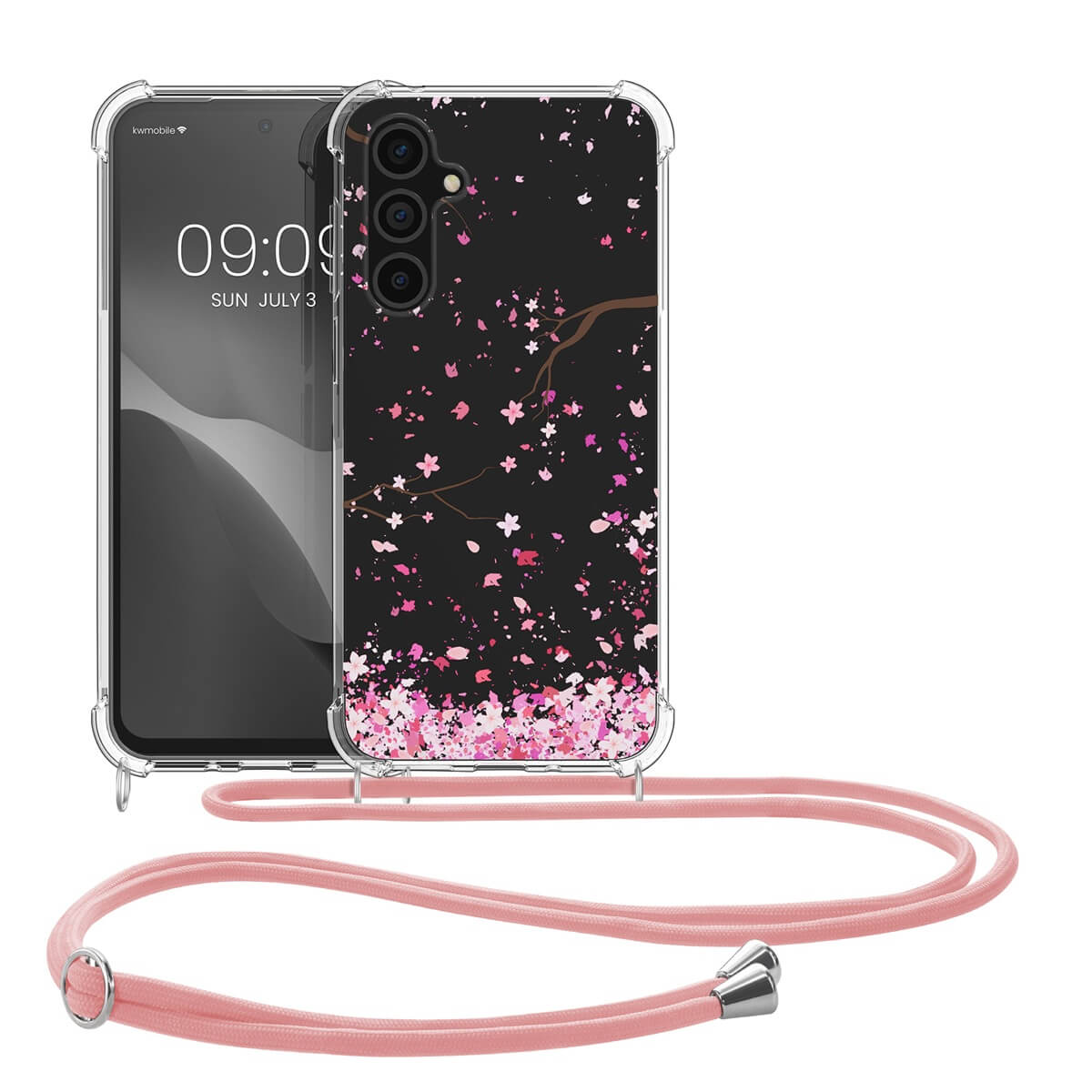 KW Samsung Galaxy A25 5G Θήκη Σιλικόνης TPU με Λουράκι - Design Cherry Blossom Leaves - Pink / Dark Brown / Διάφανη