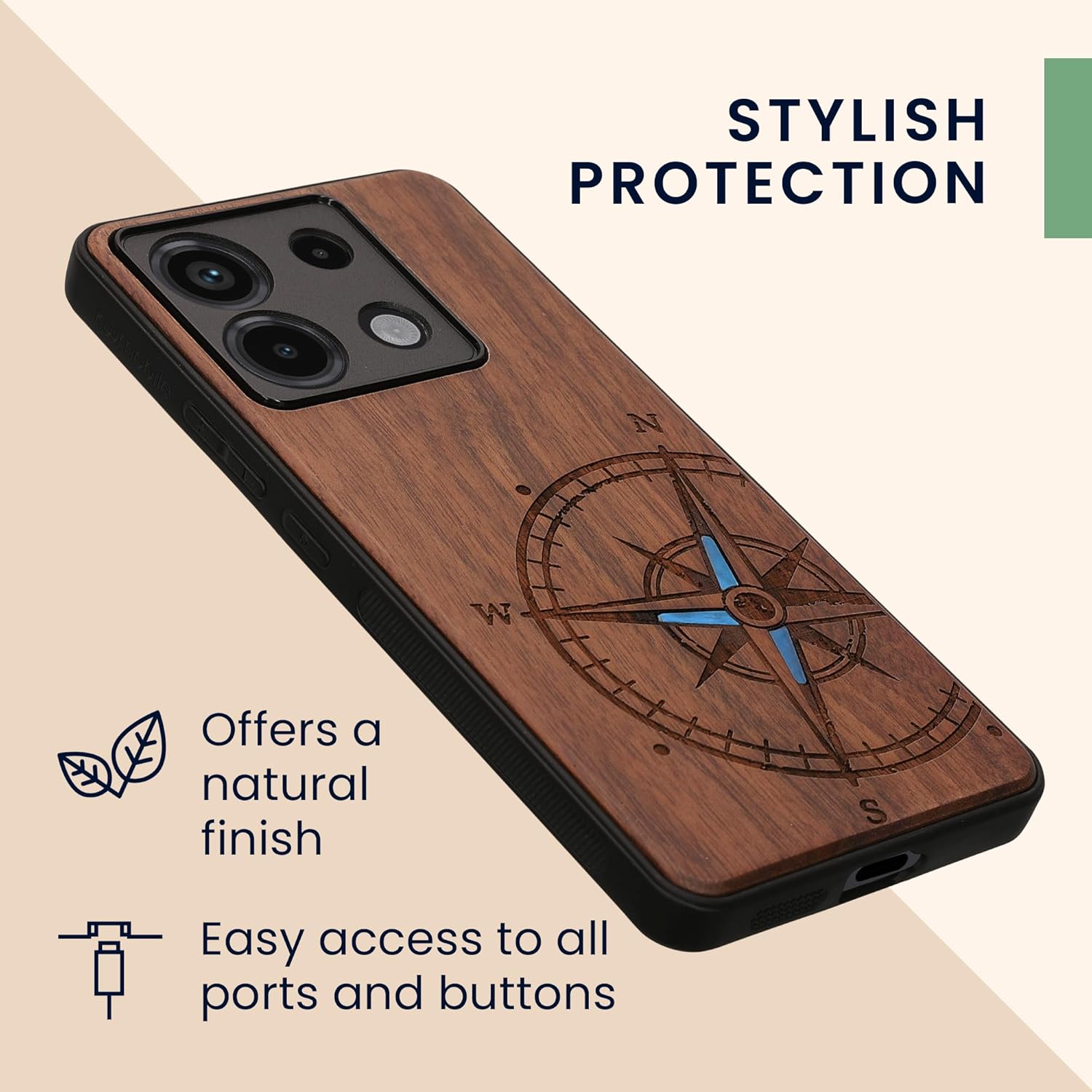 KW Xiaomi Redmi Note 13 Pro 5G / Poco X6 5G Θήκη από Φυσικό Ξύλο - Design Vintage Compass - Dark Brown / Mother of Pearl