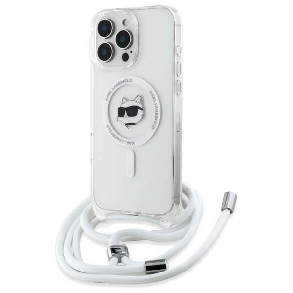 Karl Lagerfeld iPhone 16 Pro Max - IML Choupette Head and Cord - MagSafe Σκληρή Θήκη με Πλαίσιο Σιλικόνης και Λουράκι - Διάφανη - KLHMP16XHCCHNT
