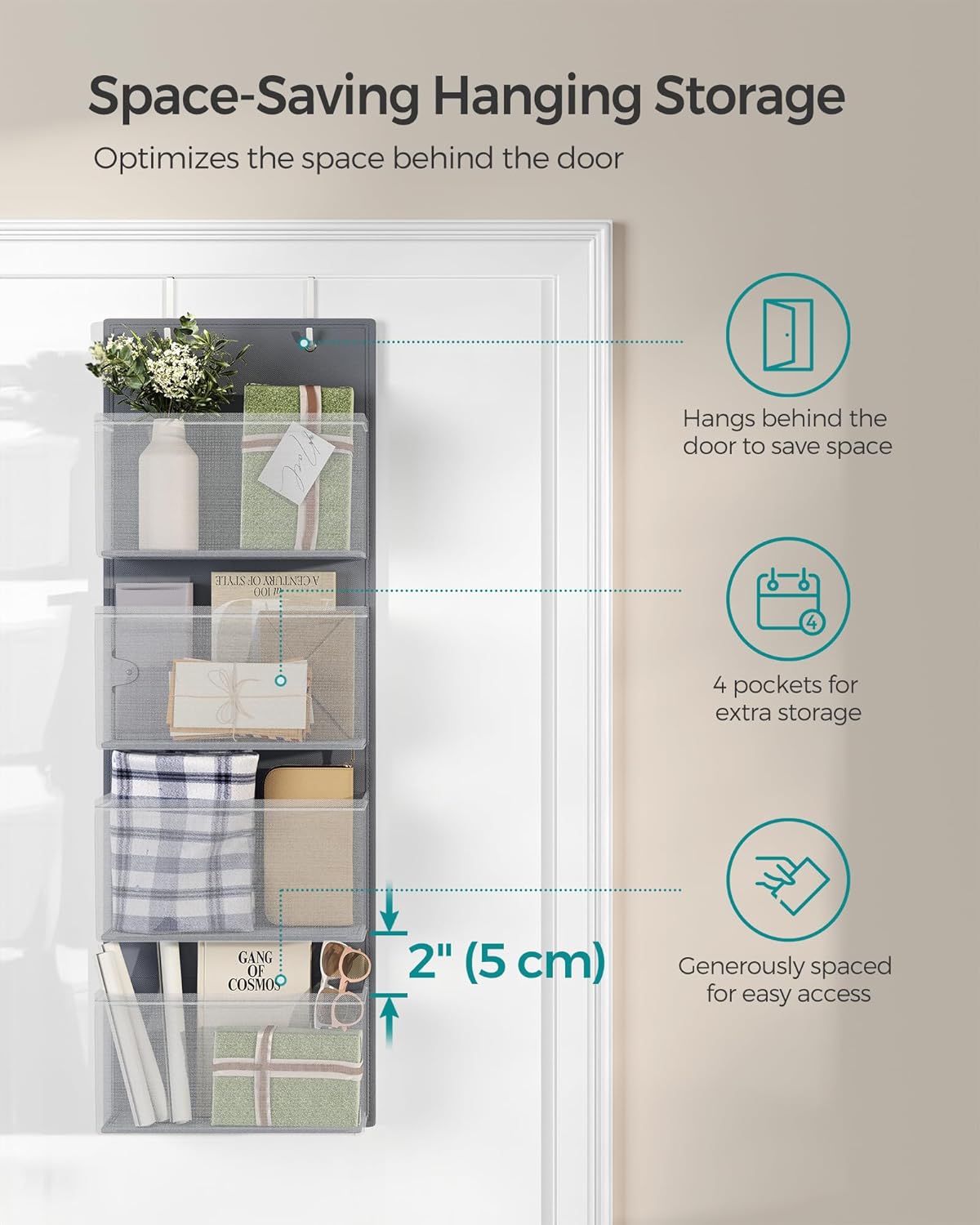 Songmics Κρεμαστό Σύστημα Οργάνωσης Πόρτας με 4 Θήκες - 33.5 x 12 x 100 cm - Grey - RDH04G